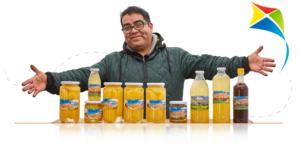 Arte de un hombre con los brazos extendidos, el hombre ofrece sus productos artesanales: conservas y jarabes a base de frutas.