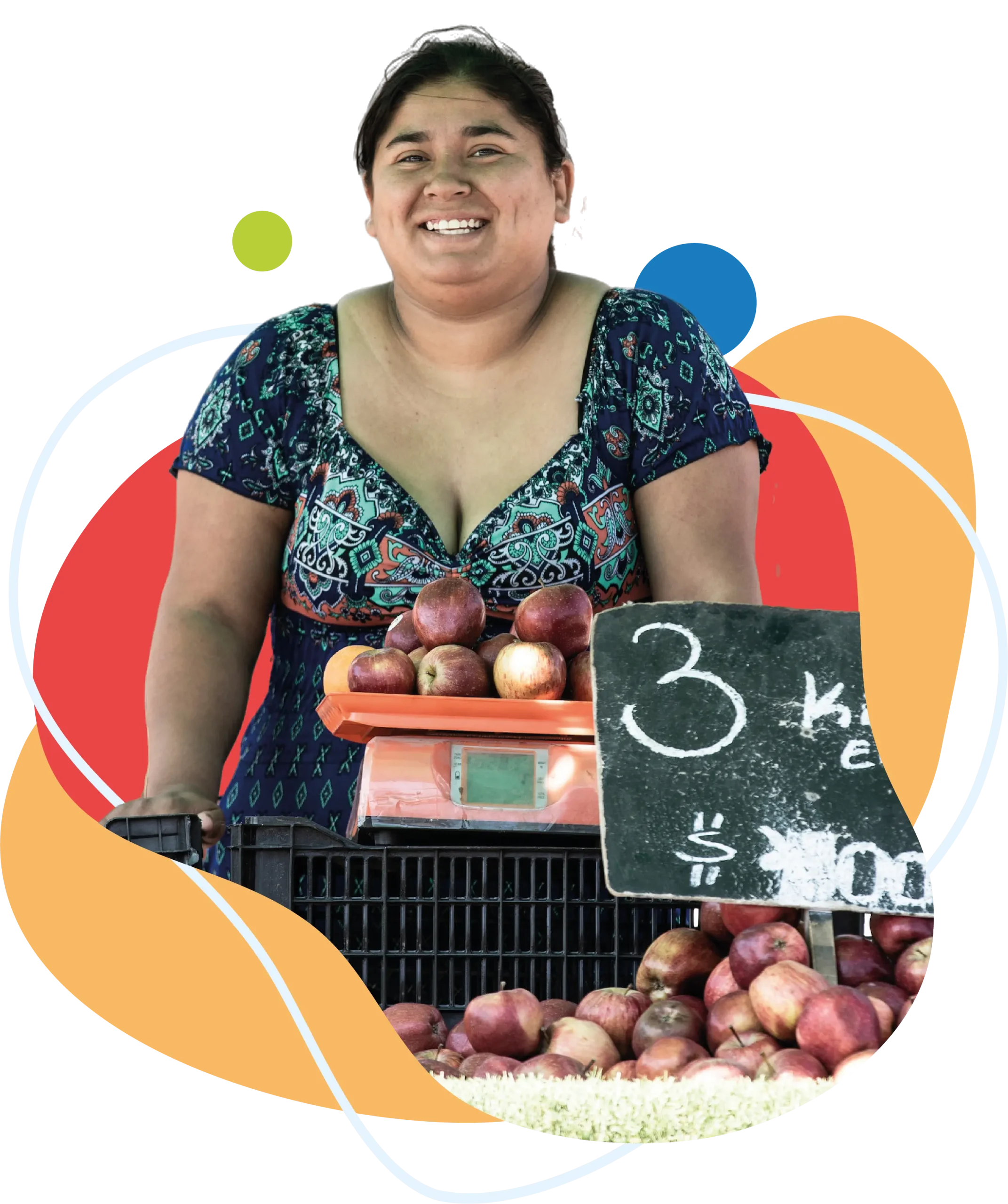 Un arte gráfico de una mujer emprendedora en una feria, la mujer sonríe feliz, bajo ella hay una pesa con manzanas a la venta.